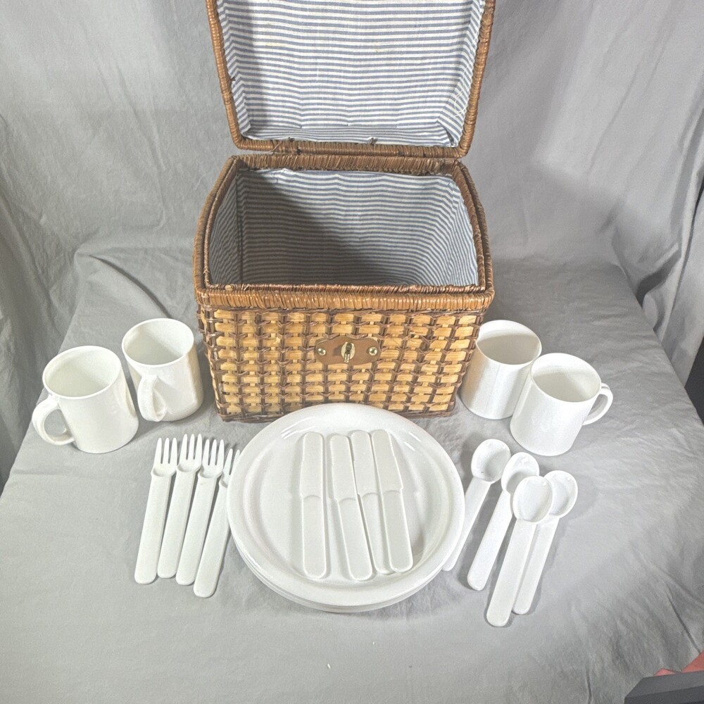 Wicker Picnic Basket Set for 4, Striped Liner, Plates Cups Flatware, 20pc